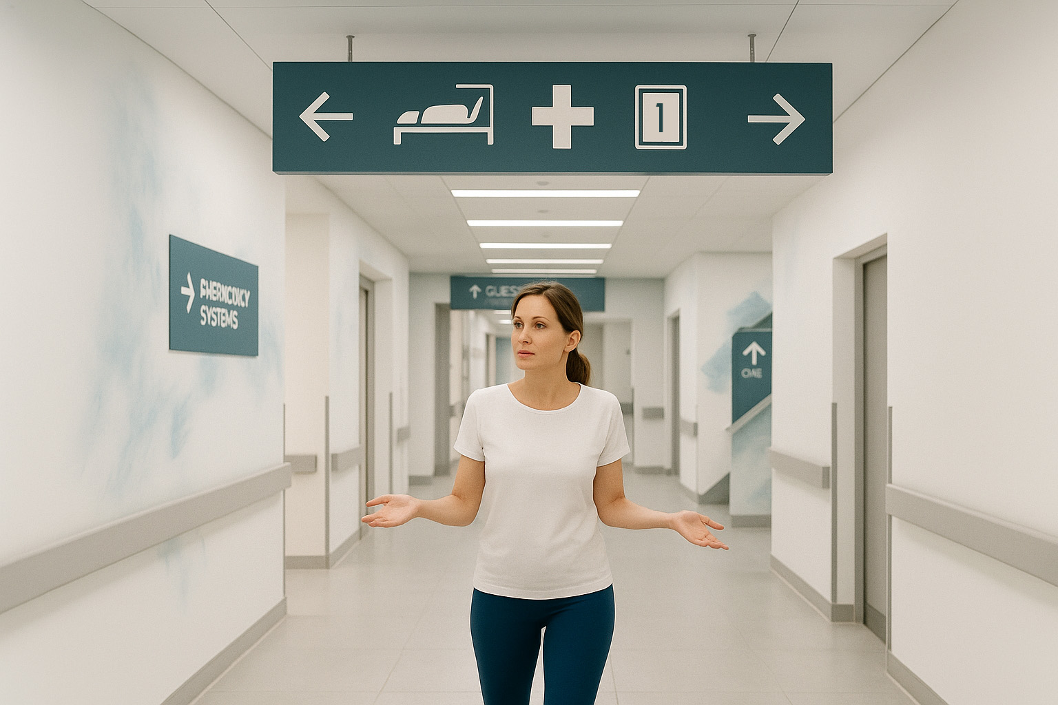 Žena hledá cestu v nemocnici pomocí wayfinding.